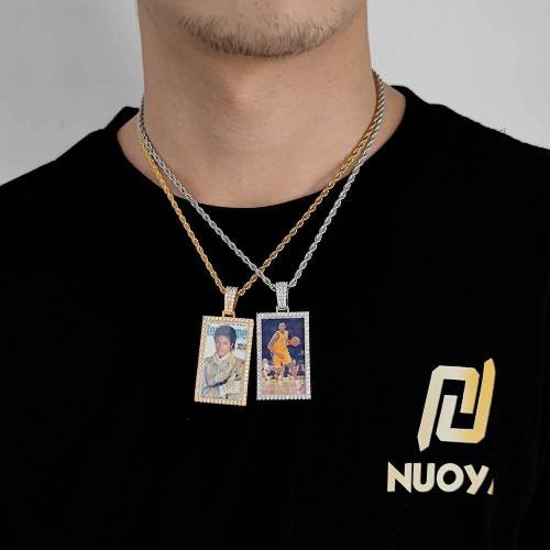 European and American hip-hop memory rectangular photo necklace jewelry with micro inlaid zircon street trendsetter photo frame hiphop pendant