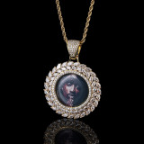 European and American hip-hop wheat ear circular frame pendant trendy brand personalized copper inlaid zircon commemorative photo pendant necklace wholesale