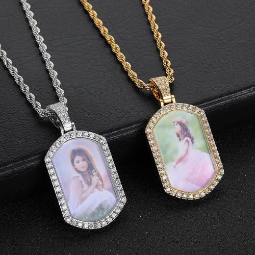 Manufacturer's direct sales memory frame necklace with copper micro inlaid zircon solid military brand photo pendant, personalized and trendy hiphop