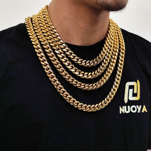 European and American hip-hop buckle stainless steel Cuban necklace with genuine gold electroplating, manual polishing, encrypted round grinding men's necklace