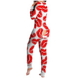 Women's long sleeved printed button style front functional button flip adult pajamas (not positioned for printing, half