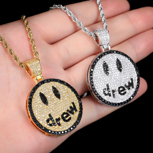 Hot selling hip-hop Drew smiley face pendant from Europe and America, cross-border jewelry with micro inlaid zircon trendy brand men's pendant necklace wholesale