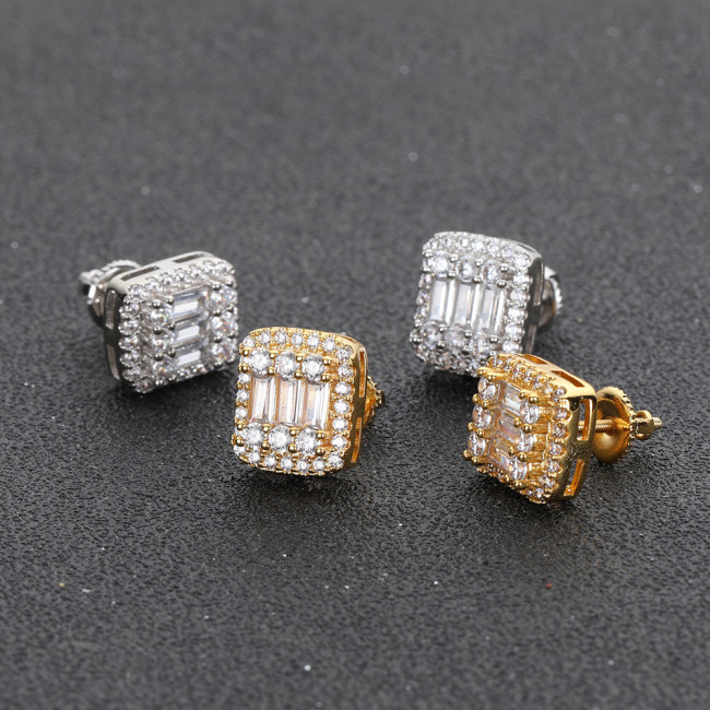 European and American cross-border new personalized T-shaped zircon gold-plated earrings, fashionable and simple square hip-hop earrings, cross-border supply