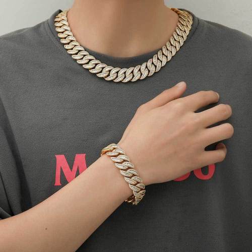 European and American 15mm 20mm hip-hop necklace mixed with T-shaped zircon Cuban necklace trend hip-hop men's necklace