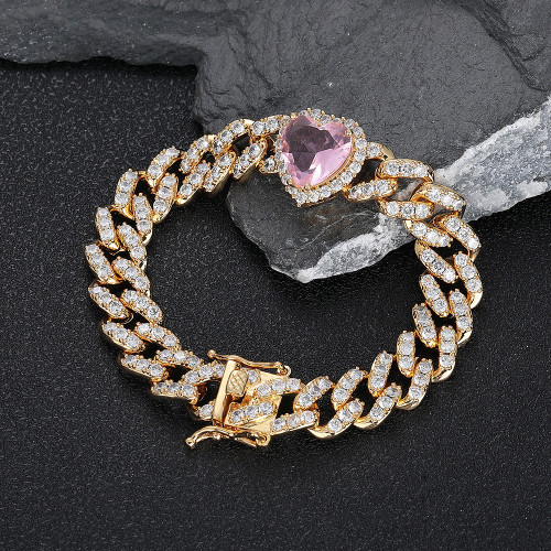 Cross border European and American 10mm Love Pink Zircon Cuban Chain Women's Necklace Jewelry Men's Peach Heart Hip Hop Bracelet Accessories
