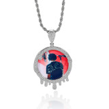 European and American New Hip Hop Jewelry Round Droplet Photo Frame Pendant Micro Set Zircon Personalized Creative DIY Necklace