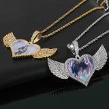Cross border Hot Selling Hip Hop Photo Pendant with Copper Diamond Heart Wings, Zircon Solid Memory Frame Necklace