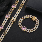 Cross border European and American 10mm Love Pink Zircon Cuban Chain Women's Necklace Jewelry Men's Peach Heart Hip Hop Bracelet Accessories