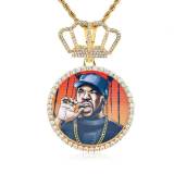 Cross border European and American hip-hop crown large circular personalized photo pendant DIY creative picture frame zircon men's necklace