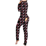 Women's long sleeved printed button style front functional button flip adult pajamas (not positioned for printing, half