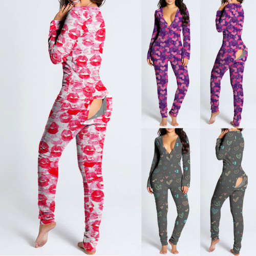 Butterfly print button style functional button flap adult pajamas