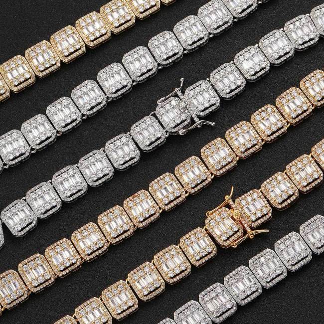 European and American trendy hip-hop necklace 13mm hollow mixed with zirconia rock sugar chain, nine palace grid chain, hiphop men's bracelet