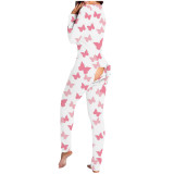 Butterfly printed button style functional button flap for adult pajamas
