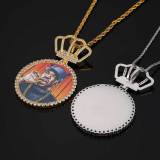 Cross border European and American hip-hop crown large circular personalized photo pendant DIY creative picture frame zircon men's necklace