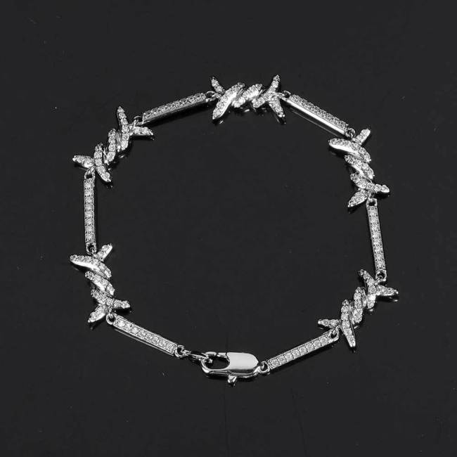European and American Hip Hop 2.5mm Iron Wire Chain Couple Bracelet Micro Set Zircon Sun Button Fine Thorn Chain Men's and Women's Bracelet