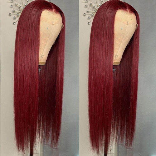 Front lace real human hair wig wine red wig set