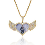 Cross border Hot Selling Hip Hop Photo Pendant with Copper Diamond Heart Wings, Zircon Solid Memory Frame Necklace