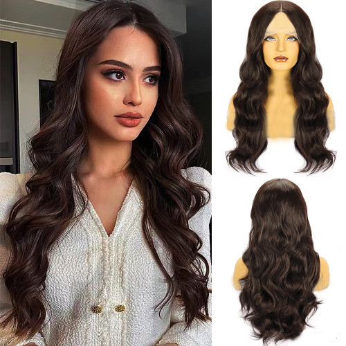 Cross border European and American wig female brown front lace wig chemical fiber headgear body wave lace front wig