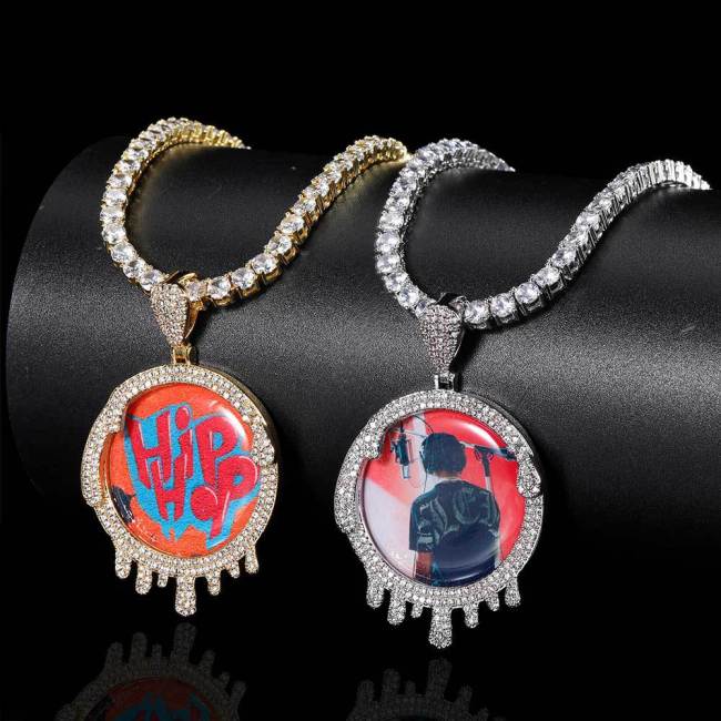 European and American New Hip Hop Jewelry Round Droplet Photo Frame Pendant Micro Set Zircon Personalized Creative DIY Necklace