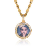 European and American hip-hop mini T-shaped zircon circular photo pendant with personalized commemorative hip-hop frame necklace