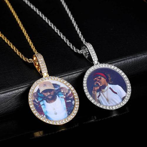 Cross border European and American New Round Photo Pendant with Zircon DIY Creative Full Diamond Trendy Hip Hop Frame Necklace