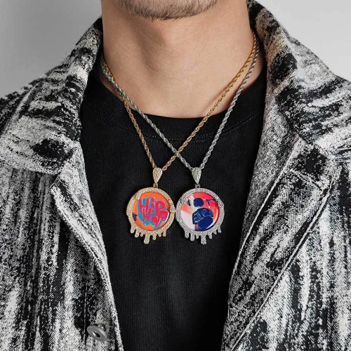 European and American New Hip Hop Jewelry Round Droplet Photo Frame Pendant Micro Set Zircon Personalized Creative DIY Necklace