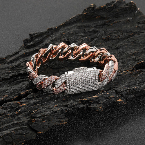 Cross border hip-hop bracelet 18mm dual color diamond Cuban bracelet coarse copper inlaid zircon men's bracelet jewelry wholesale
