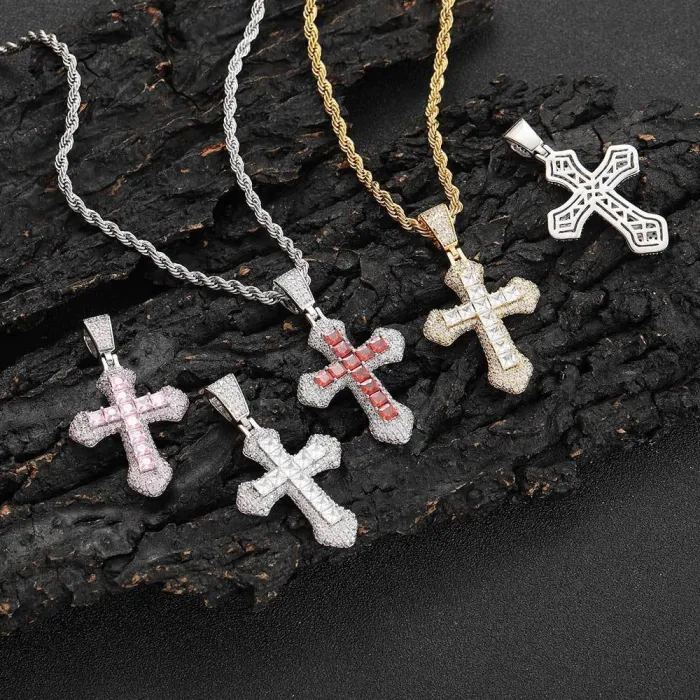 European and American Personalized Colored Zircon Cross Necklace for Men Hip Hop Full Diamond Zircon Pendant Cross Border Necklace Jewelry for Women Versatile