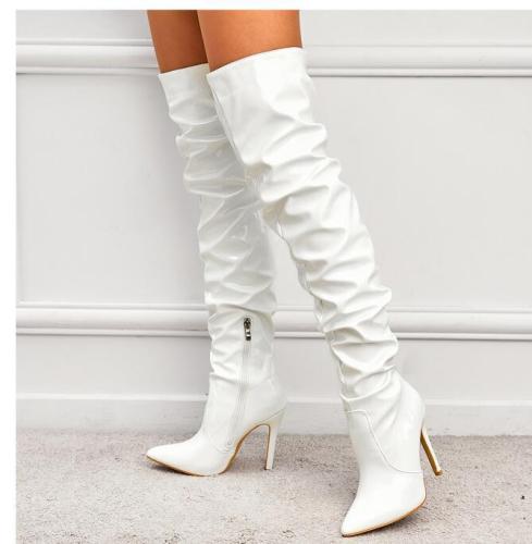 Elastic knee length boots, new European and American pointed patent leather high barrel black zipper slim heel high heeled women's boots