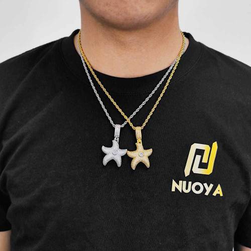 European and American cross-border hip-hop micro inlaid zircon pentagonal star pendant trendy brand personalized full diamond starfish pendant men's necklace