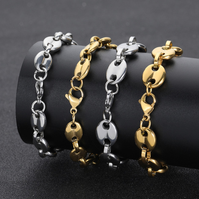 Hot selling hip-hop 8mm stainless steel pig nose chain in Europe and America, trendy hip-hop vacuum electroplated coffee bean button bracelet