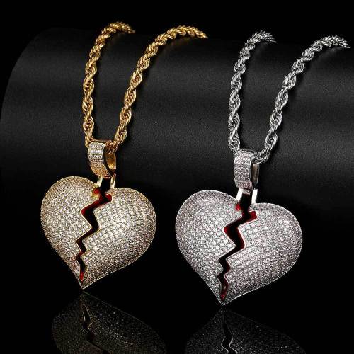 European and American hip-hop jewelry, copper inlaid zircon, love pendant, trendy brand, personalized men and women, heartbroken couple pendant necklace wholesale