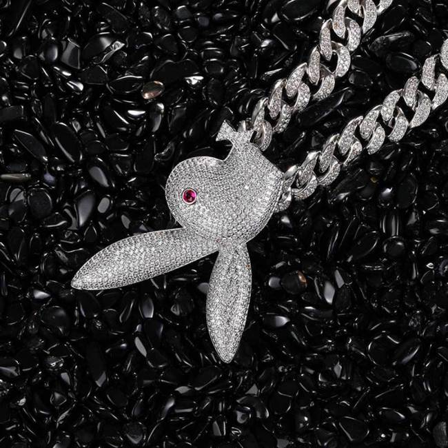 European and American hip-hop jewelry copper inlaid zircon solid rabbit head pendant, genuine gold electroplated trendy hip-hop men's necklace