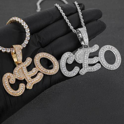 European and American hip-hop double-layer zircon grass body letter number splicing pendant with genuine gold electroplating trendy men and women's hip-hop necklace