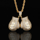 European and American hip-hop hollowed out US dollar symbol boxing gloves pendant copper inlaid zircon trendsetter hiphop necklace jewelry