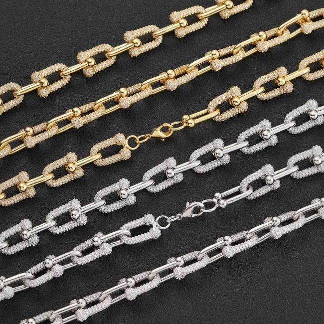 Wholesale of European and American hip-hop jewelry 11mm U-shaped horseshoe chain necklace, trendy brand, personalized copper inlaid zircon men's bracelet