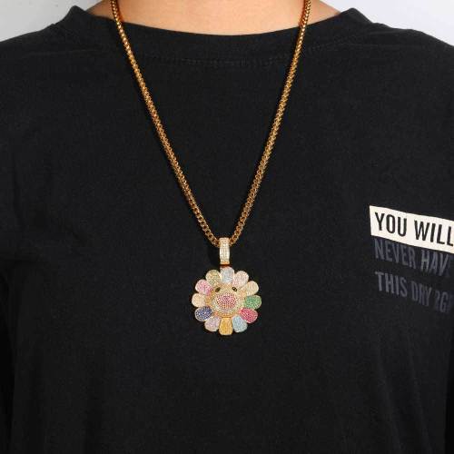 European and American hip-hop copper inlaid zircon rotatable Murakami Takashi sunflower pendant, genuine gold electroplated trendsetter hiphop necklace