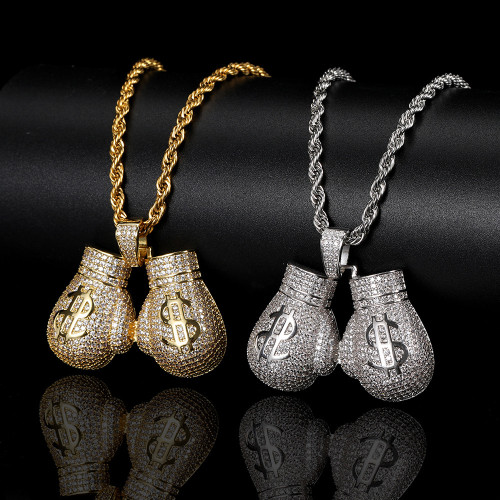 European and American hip-hop hollowed out US dollar symbol boxing gloves pendant copper inlaid zircon trendsetter hiphop necklace jewelry