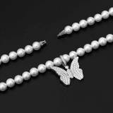 European and American hip-hop 8mm 10mm men's and women's pearl necklace with a minimalist cross butterfly letter pendant necklace