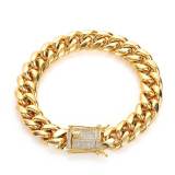 Wholesale of European and American trendy stainless steel Cuban chain hip-hop bracelets with double-sided diamond buckle, round grinding, encrypted titanium steel men's bracelets