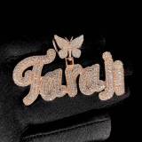 European and American New Rose Gold Butterfly Button Double Layer Zircon Grass Body English Letter Splice Pendant Hip Hop Sweater Chain