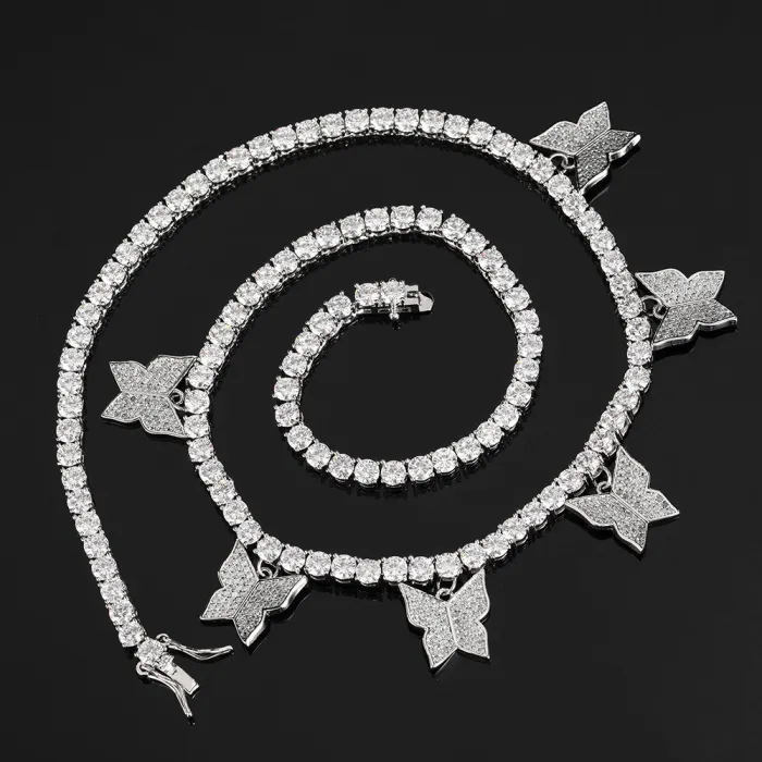 Hot selling hip-hop in Europe and America, personalized and creative micro inlaid zircon butterfly tennis chain necklace, ins high-quality fashionable collarbone
