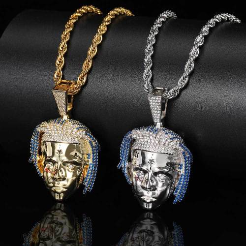 European and American hip-hop singer xxx tentacion head pendant with copper inlaid zircon trendsetter personality hiphop necklace