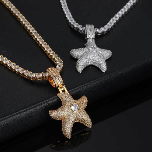European and American cross-border hip-hop micro inlaid zircon pentagonal star pendant trendy brand personalized full diamond starfish pendant men's necklace
