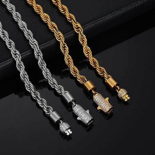 European and American diamond inlaid buckle 6mm stainless steel chain Fried Dough Twists chain men's necklace cross-border hip hop jewelry titanium steel bracelet