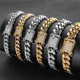 Wholesale of European and American trendy stainless steel Cuban chain hip-hop bracelets with double-sided diamond buckle, round grinding, encrypted titanium steel men's bracelets