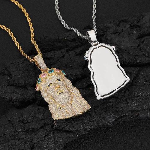 Cross border European and American hip-hop retro avatar pendant trendy brand with exaggerated personality, copper inlaid zircon men's pendant necklace wholesale