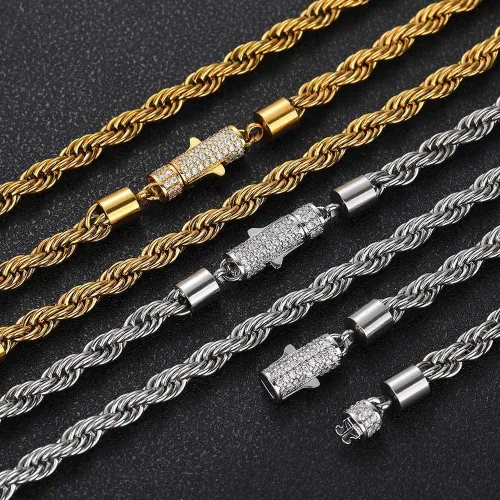 European and American diamond inlaid buckle 6mm stainless steel chain Fried Dough Twists chain men's necklace cross-border hip hop jewelry titanium steel bracelet