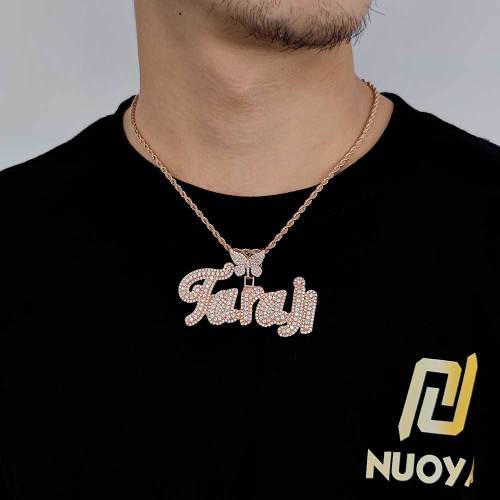 European and American New Rose Gold Butterfly Button Double Layer Zircon Grass Body English Letter Splice Pendant Hip Hop Sweater Chain
