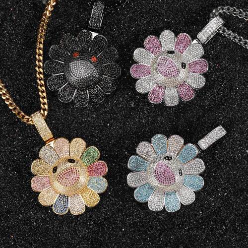 European and American hip-hop copper inlaid zircon rotatable Murakami Takashi sunflower pendant, genuine gold electroplated trendsetter hiphop necklace
